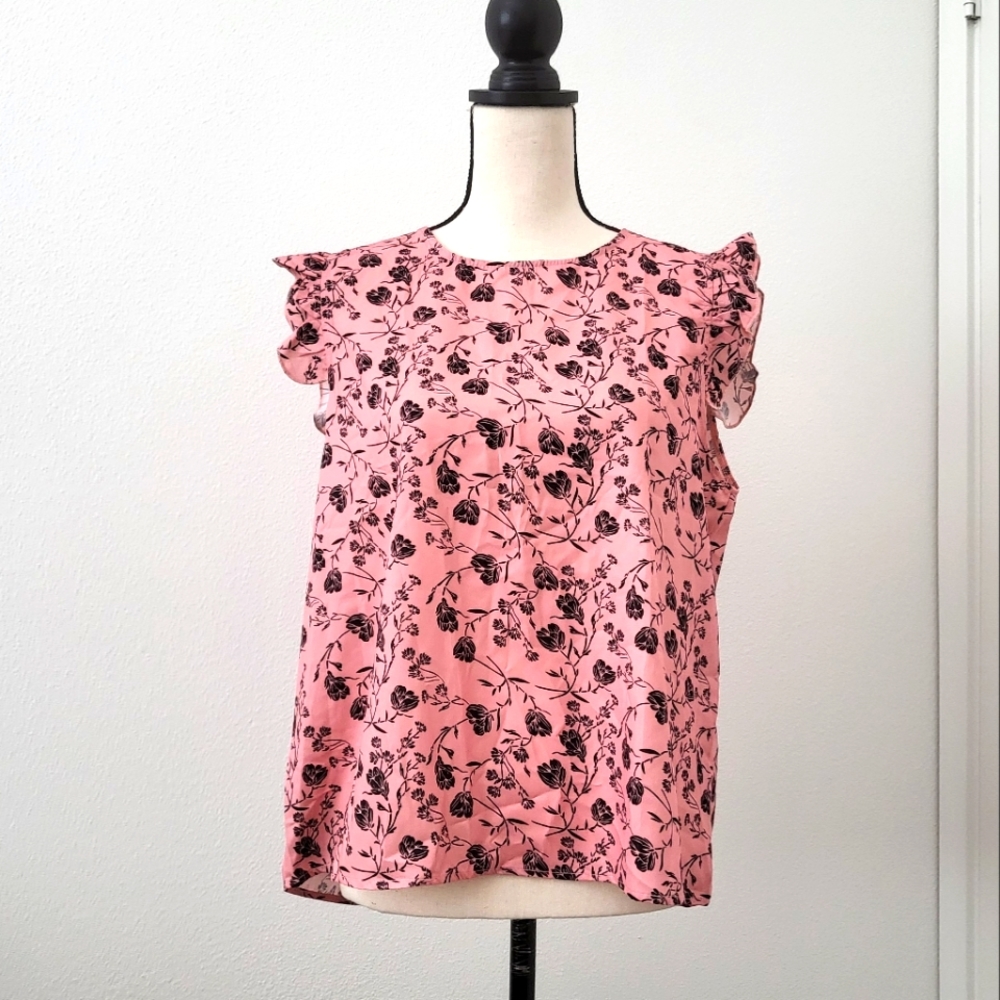 Frill Trim Floral Print Sleeveless Top sz L